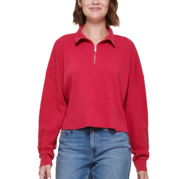 Calvin Klein~WOMEN'S WAFFLE-KNIT HALF-ZIP TOP IN CERISE/Pink~NWT~Sizes S & M - Picture 1 of 7